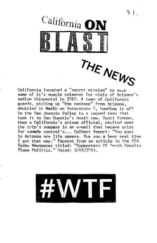 California launched a "secret mission" to swep  some of it’s muscle relaxant for vials of Arizona’s sodium thiopental in 2010. A tean of California guards, picking up "the packace" From Arizona, shuttled it North on Interstate 5, handing it of €  in the San Joaauin Valley to a second team that  took it to San Quentin’s death row. Scott Yernan, then a California’s prison official, exulted over the trip’s success in an e-mail that bhecame grist for comedy central’s... Colbert Report: "You euvs  in Arizona are life savers. Ruy you a beer next time I get that way." Fxcerpt from an article in the USA Today Newspaper titled: "Supporters Of Neath Penalty Rlane Politics.” Nated: 3/18/2014. 